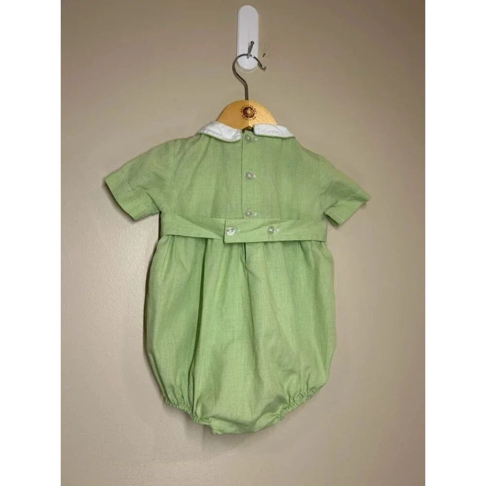 Vintage 12M Baby Boy Hand Smocked Green Bubble Romper